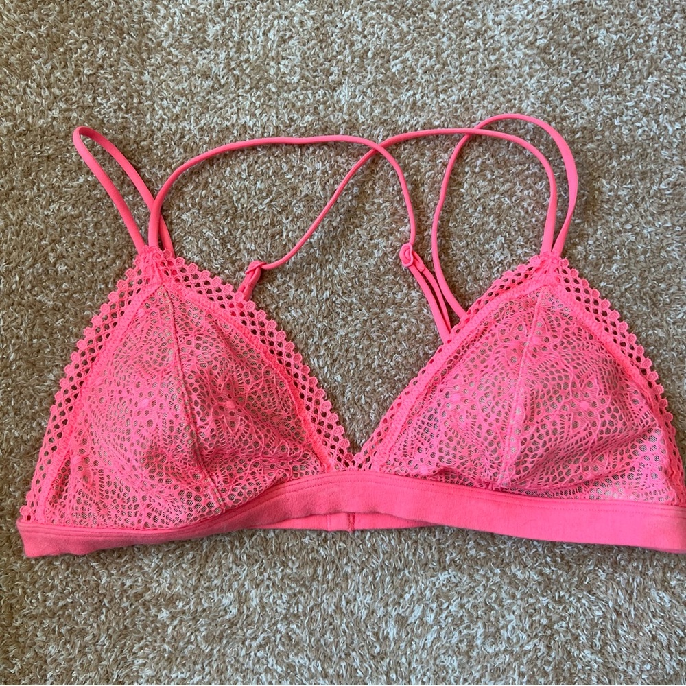Victorias Secret Lace Neon Coral Triangle Bralette with Strappy Back
